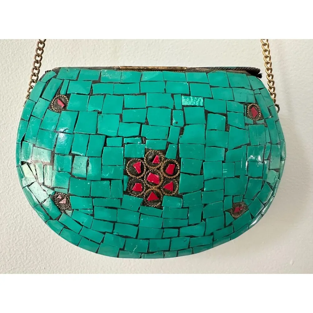 Vintage Turquoise Mosaic Tile Purse Coral Stone Inlay Crossbody Gold Chain Bag